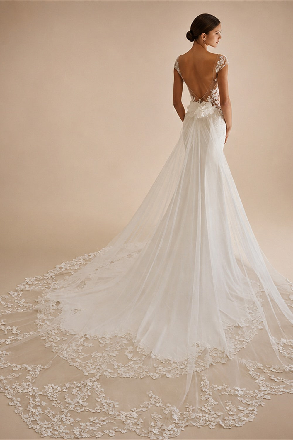 RoyceBridal Cap Sleeve Lace Mermaid Wedding Dress Low Back 3D Floral Appliques Bridal GownVestido De Novia Boda Customized