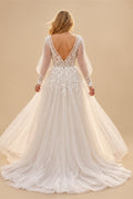 Plus Size A Line Tulle Wedding Dress With Puff Sleeves V Neck