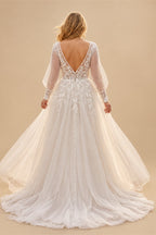 Plus Size A Line Tulle Wedding Dress With Puff Sleeves V Neck