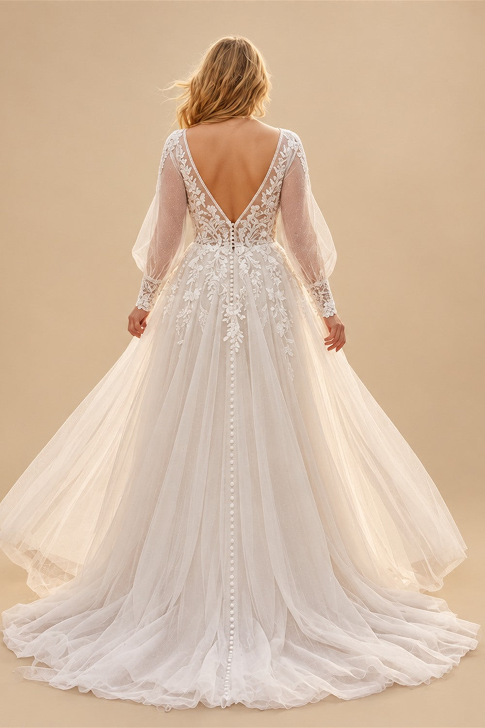 Plus Size A Line Tulle Wedding Dress With Puff Sleeves V Neck