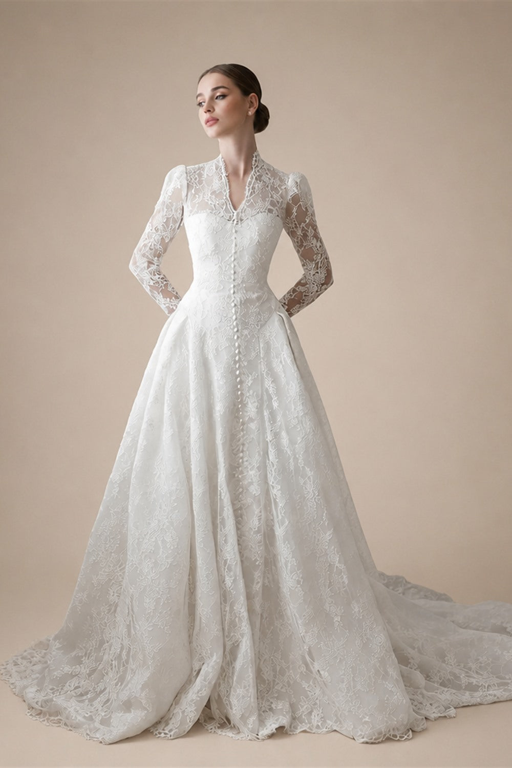 Vintag White Lace High Neck Long Sleeve A-Line Wedding Dress with Train ZP110