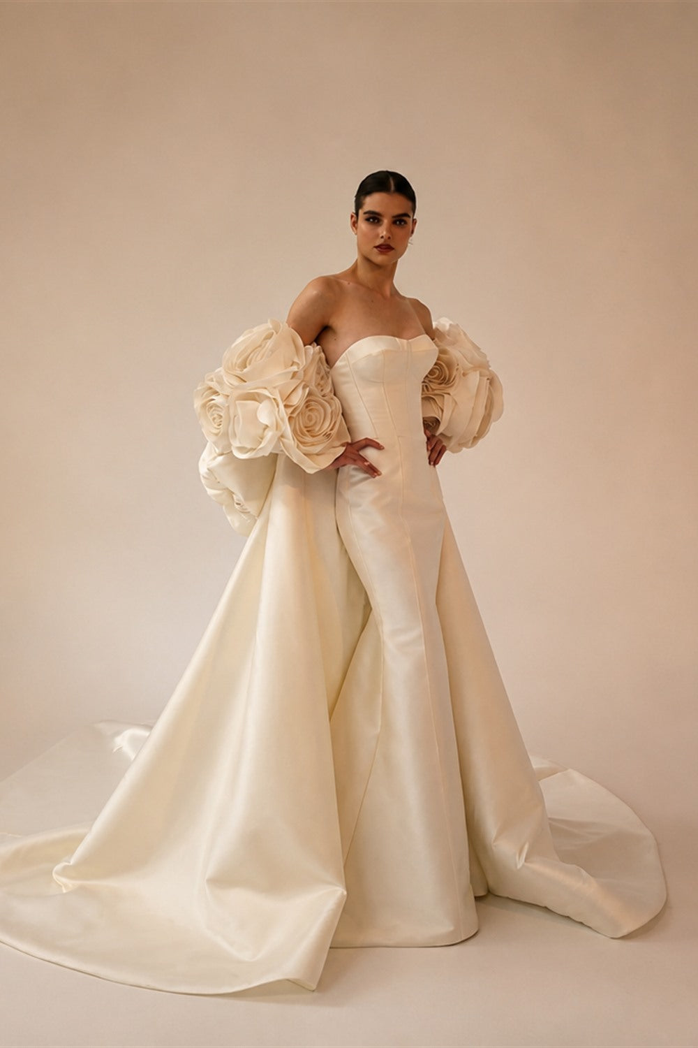 Ivory  Satin Mermaid Wedding Dress 3D Giant Rose Floral With Veil  ZP034