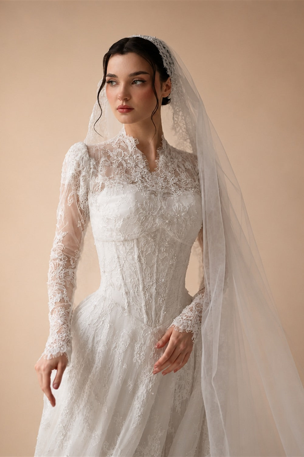 Romantic White Lace Long Sleeve A-Line Wedding Dress with Veil ZP109