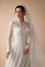 Romantic White Lace Long Sleeve A-Line Wedding Dress with Veil ZP109