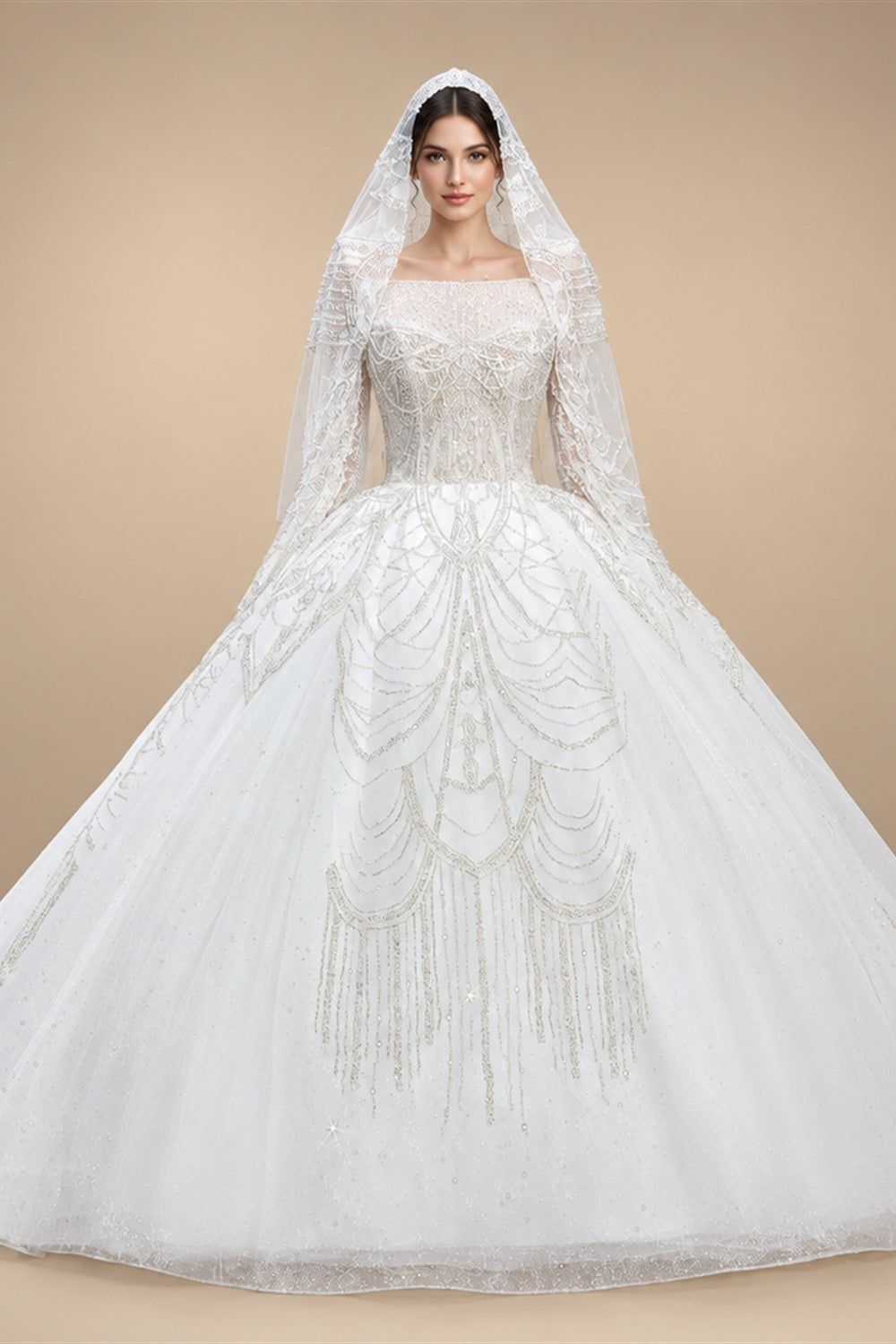 Luxury Beaded Long Sleeve Ball Gown Wedding Dress ZP184
