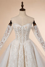 Elegant Ivory Strapless Corset Lace Tulle Bridal Gown Wedding Dress with Long Detachable Sleeves ZP067