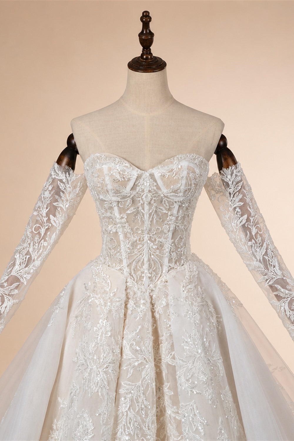 Elegant Ivory Strapless Corset Lace Tulle Bridal Gown Wedding Dress with Long Detachable Sleeves ZP067