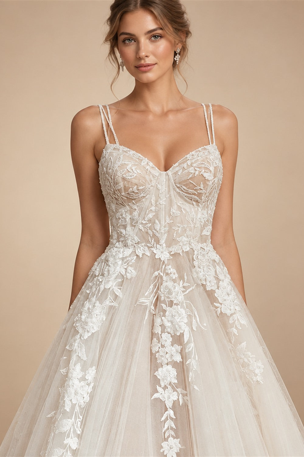 Princess Lace Wedding Dress Bridal Robe 2024 Vestido Spaghetti Straps Chapel Train Champagne Tulle Wedding Gown (ZD02147)