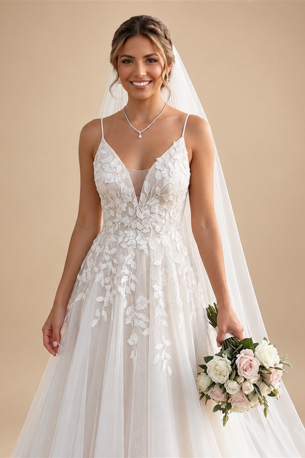 Spaghetti Strap V-Neck Lace Wedding Dress with Leaf Embroidery | ZapDress