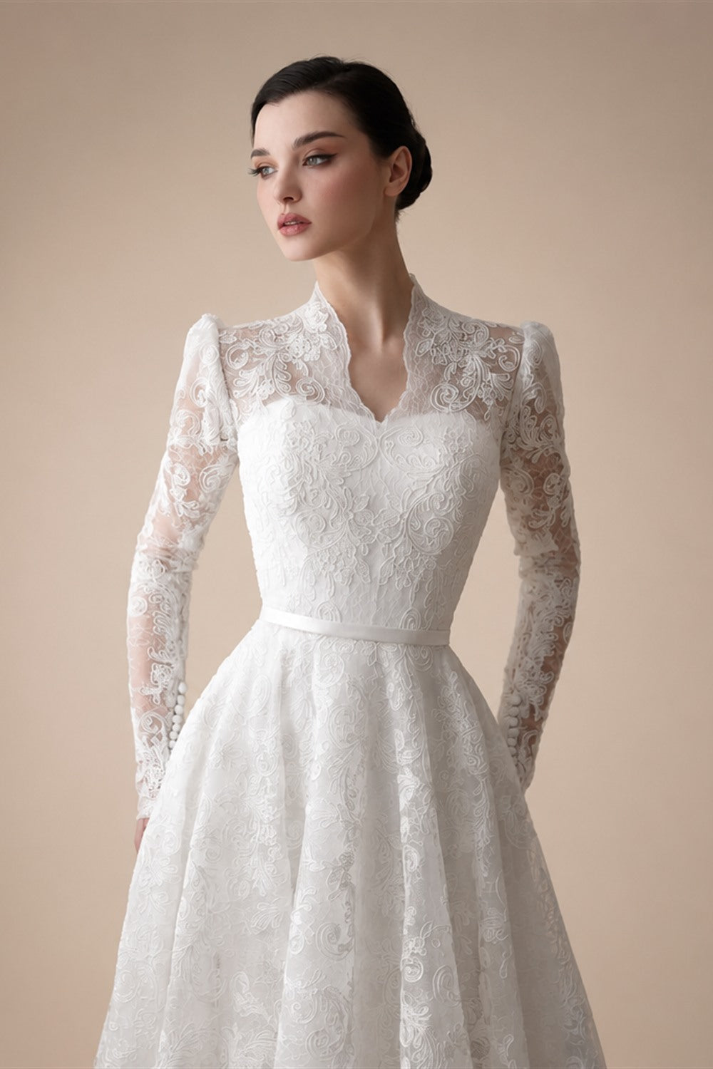 Elegant Printed Lace High Neck Wedding Dress with Train ZP171