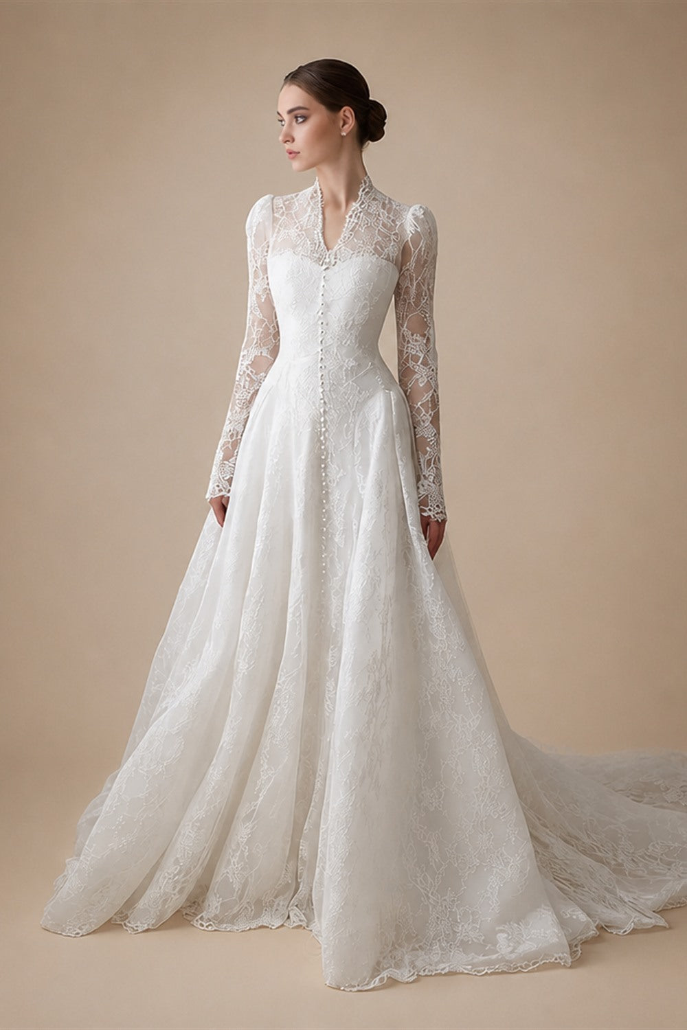 Vintag White Lace High Neck Long Sleeve A-Line Wedding Dress with Train ZP110