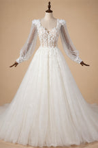 Elegant White V-Neck Long Sleeve Lace-Up Back A-Line Wedding Dress ZP060