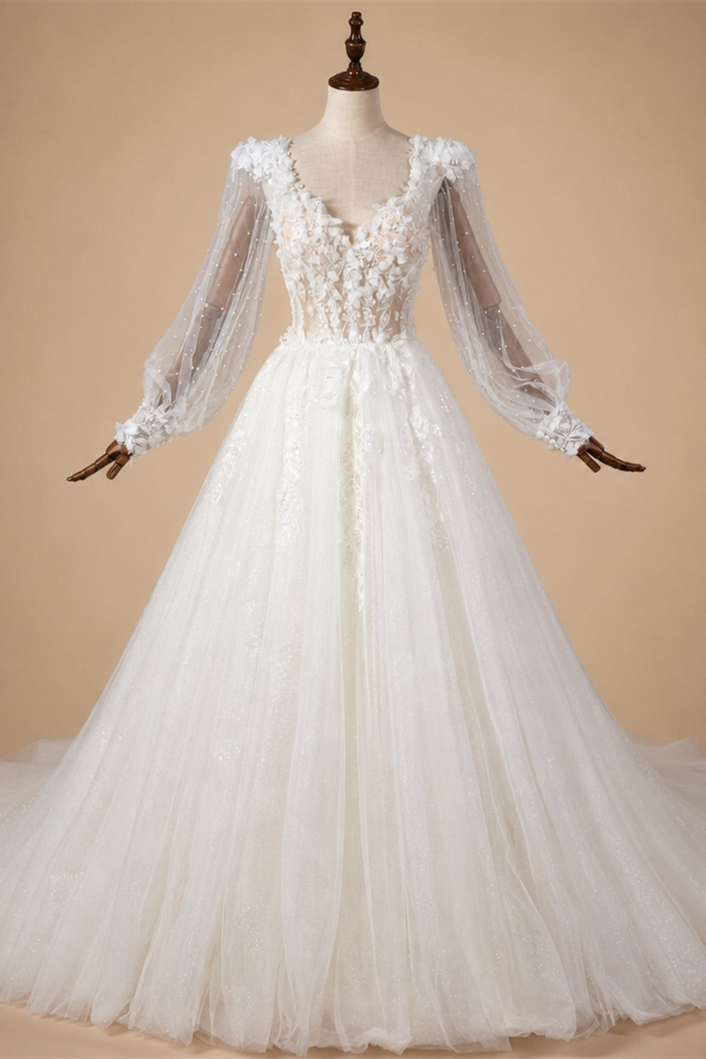 Elegant White V-Neck Long Sleeve Lace-Up Back A-Line Wedding Dress ZP060