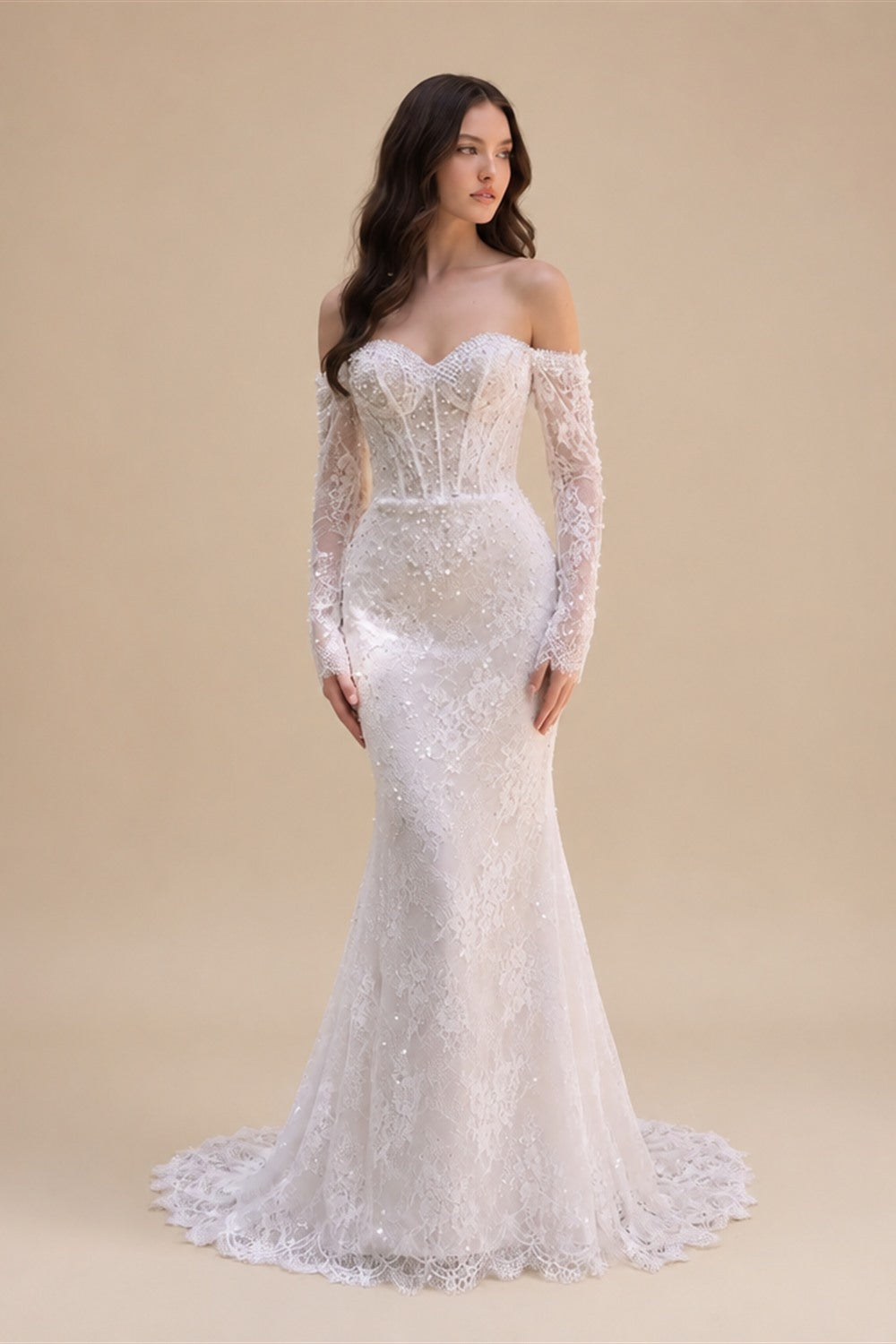 White Boho Romantic Lace Mermaid Wedding Dress Beaded Sequins With Lace Train ZP038