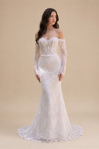White Boho Romantic Lace Mermaid Wedding Dress Beaded Sequins With Lace Train ZP038
