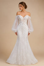 White  Off‑The‑Shoulder Puff Sleeve 3D Floral Mermaid Wedding Dress ZP005