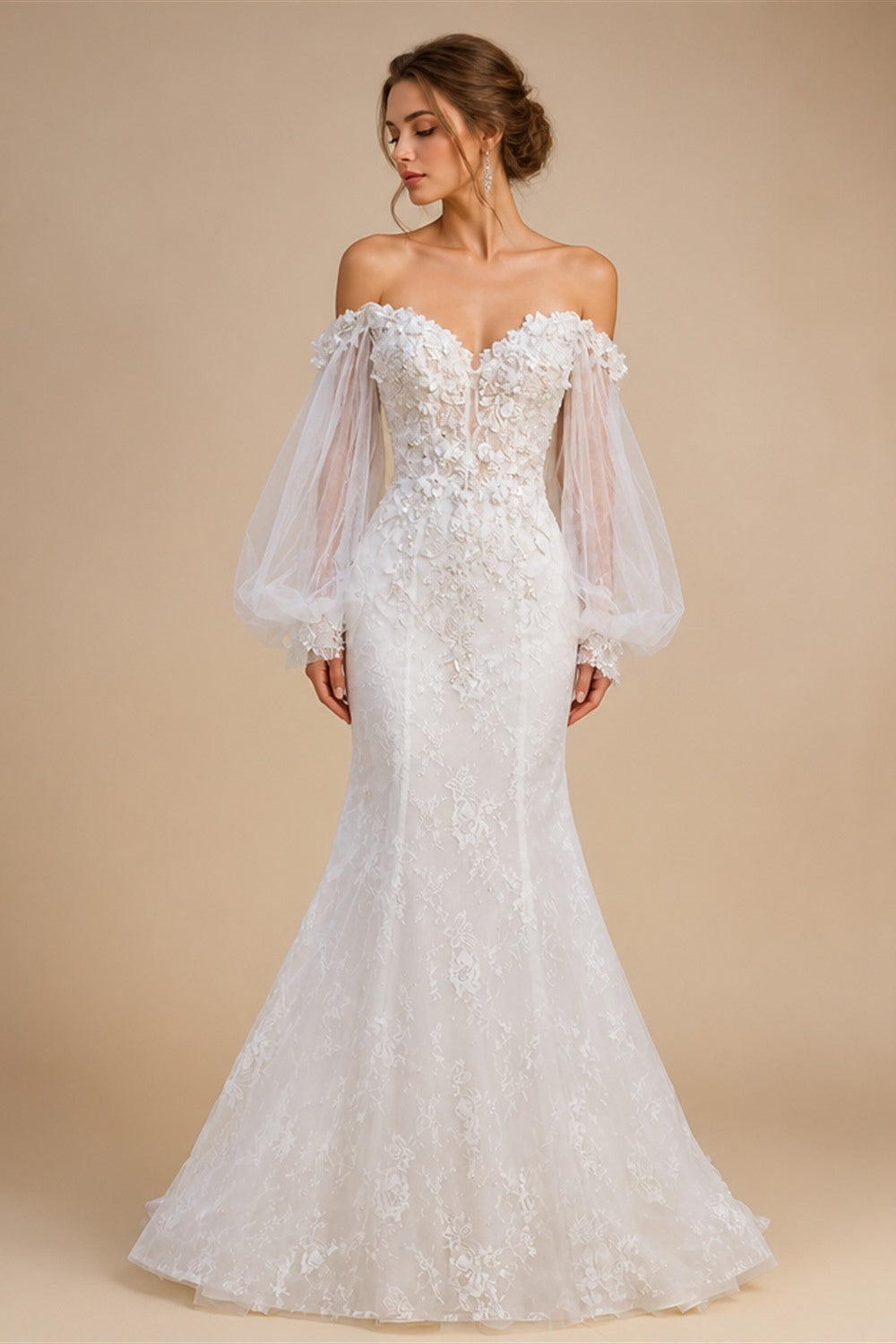 White  Off‑The‑Shoulder Puff Sleeve 3D Floral Mermaid Wedding Dress ZP005
