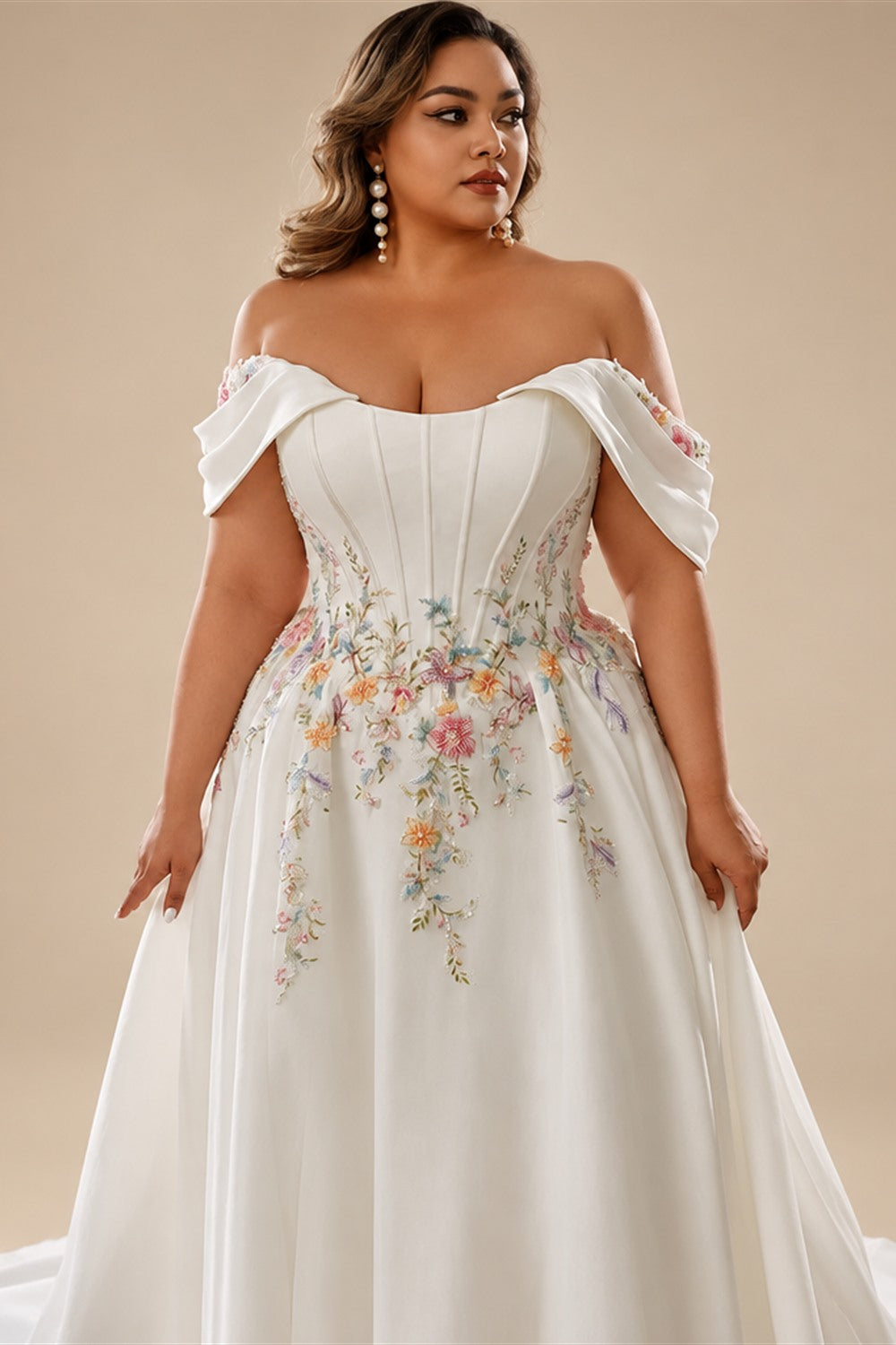 Custom Made Plus Size Strapless Wedding Gown With Lace Appliques