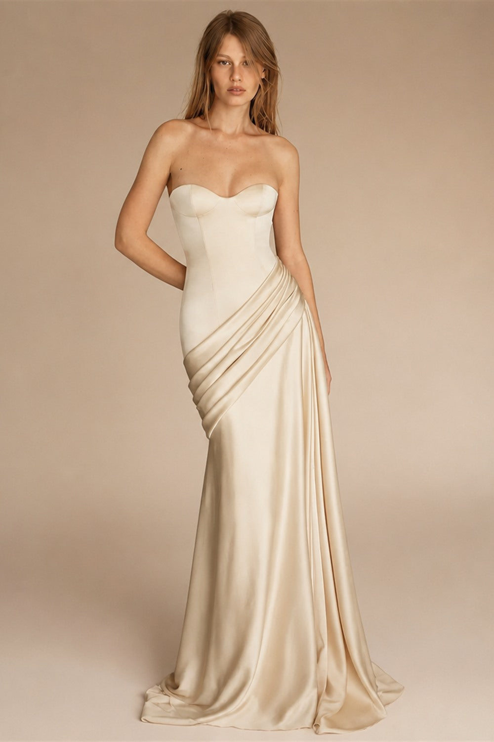 Elegant Strapless Sweetheart Draped Satin Mermaid Wedding Dress ZP042