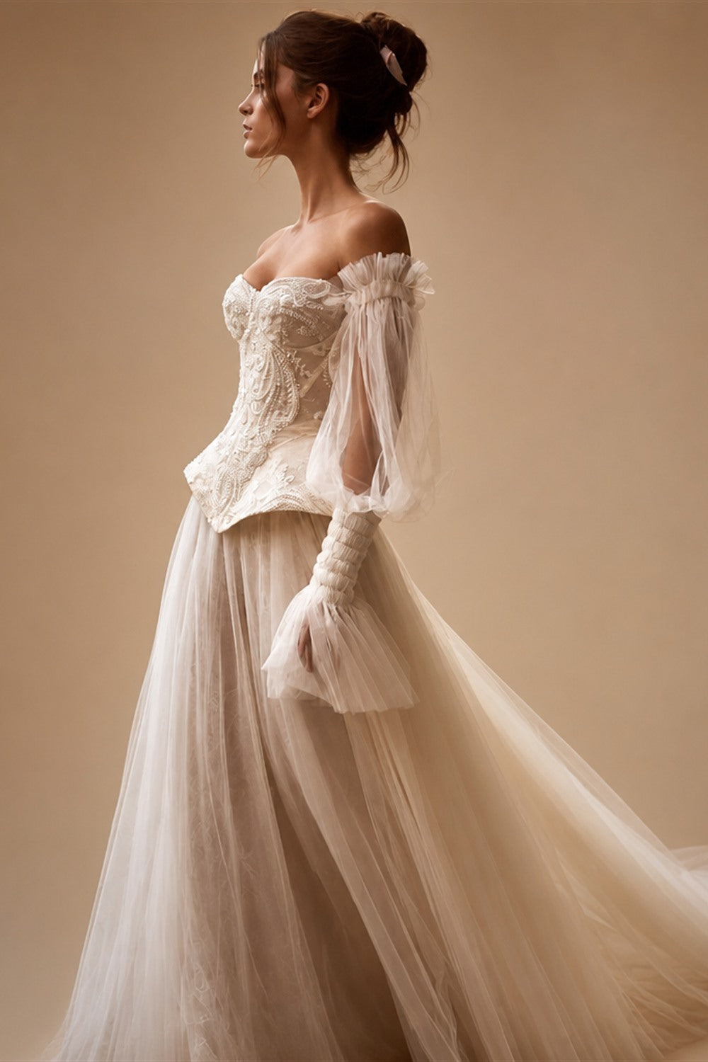 Luxury Ivory Off-the-Shoulder Lace Corset Tulle Train Wedding Dress ZP135