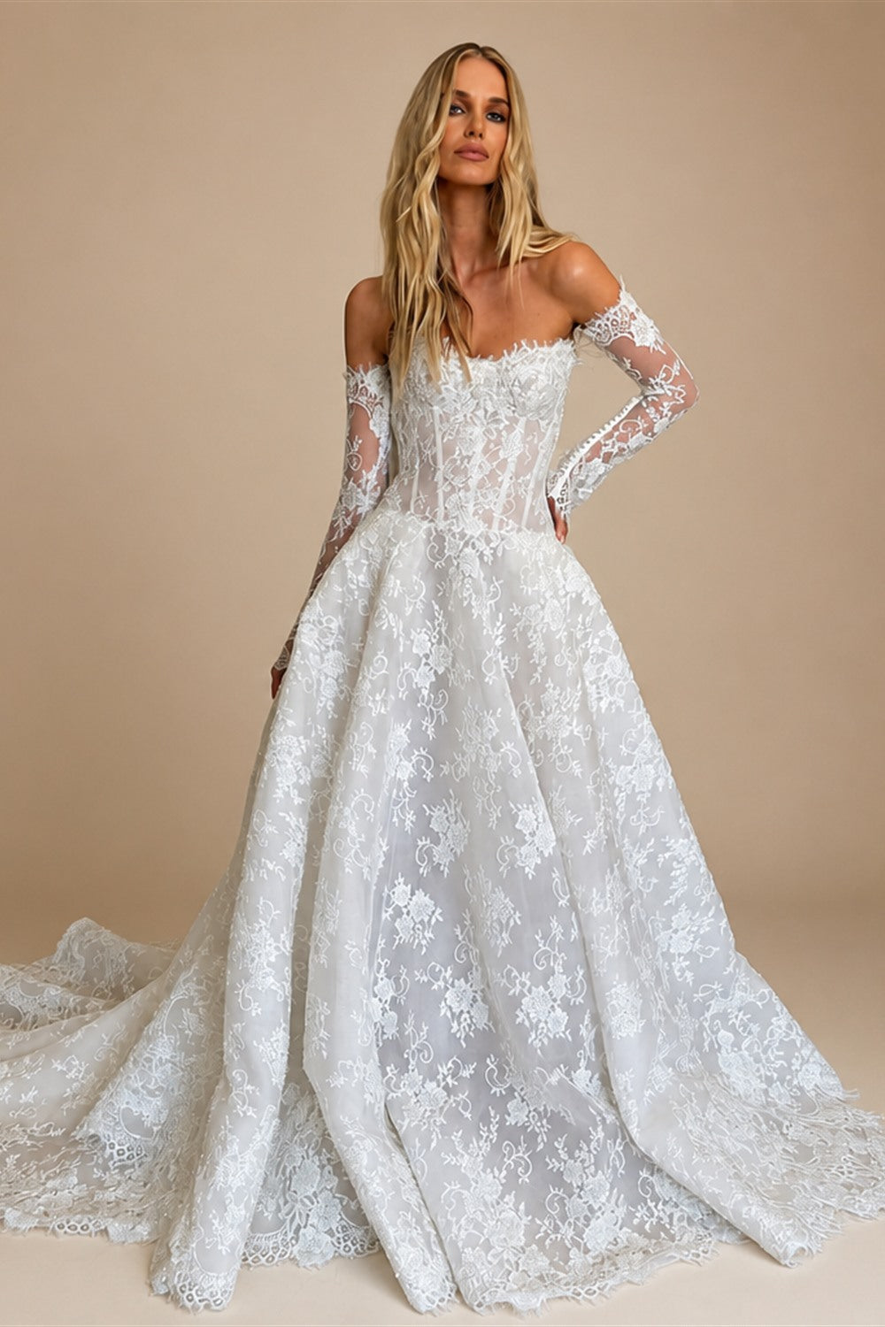 Regal White Off-the-Shoulder Long Sleeve Lace Ball Gown Wedding Dress ZP087