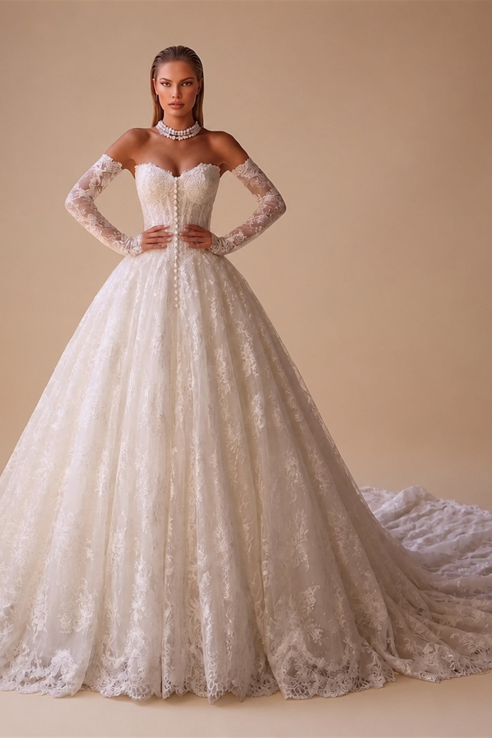White Floral Lace Ball Gown Wedding Dress with Sweetheart Neckline and Detachable Long Sleeves ZP015