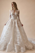 Luxury White High Neck Sequin Long Sleeve Lace A-Line Wedding Dress ZP094