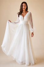 Plus Size Chiffon Wedding Dress With Long Sleeve V Neck And Open Back