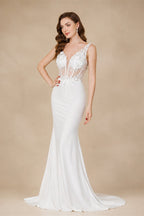 MisShow Elegant Straps White Mermaid Wedding Dresses Lace Pearls Backless V Neck Sleeveless Formal Party Gowns Vestido Marriee