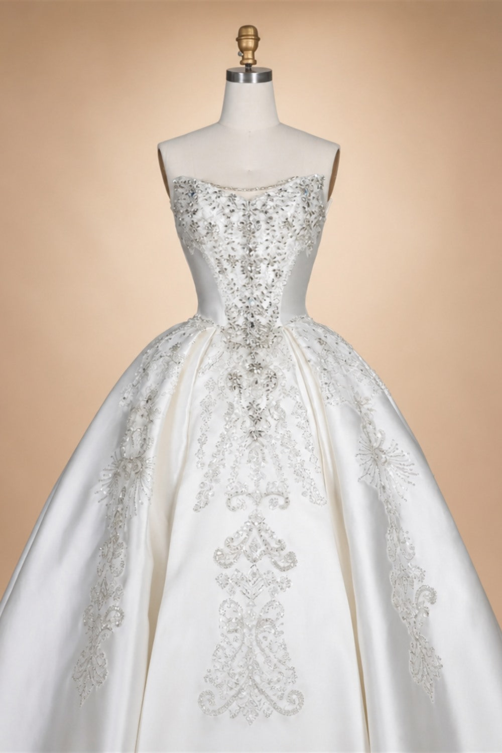 White Satin Strapless Ball Gown Wedding Dress with Luxurious Beaded Lace and Cathedral Train ZP016
