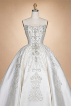 White Satin Strapless Ball Gown Wedding Dress with Luxurious Beaded Lace and Cathedral Train ZP016