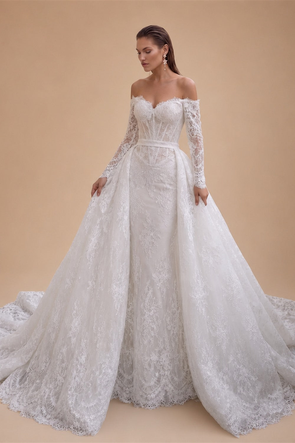 White Lace Mermaid Wedding Dress Off the Shoulder with Detachable Train and Long Sleeves ZP014