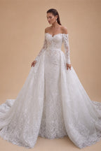 White Lace Mermaid Wedding Dress Off the Shoulder with Detachable Train and Long Sleeves ZP014