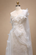 Luxury White One-Shoulder Lace Ruched Bow Mermaid Wedding Dress ZP157