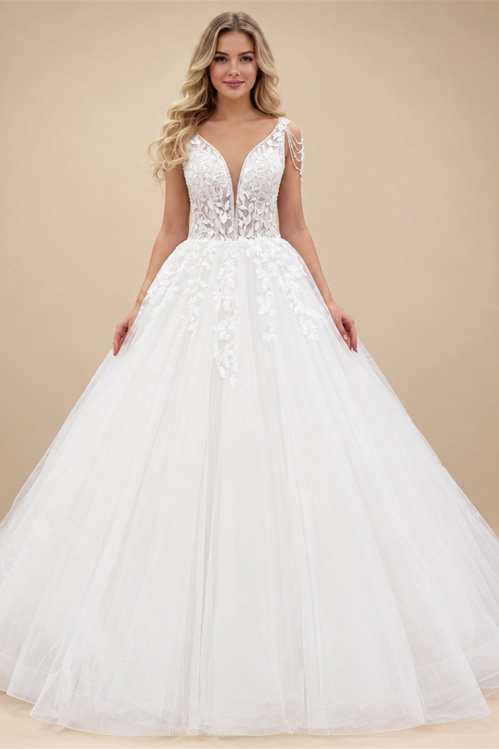 Custom Beaded V Neck Wedding Dress With Tassel And Lace Up Back