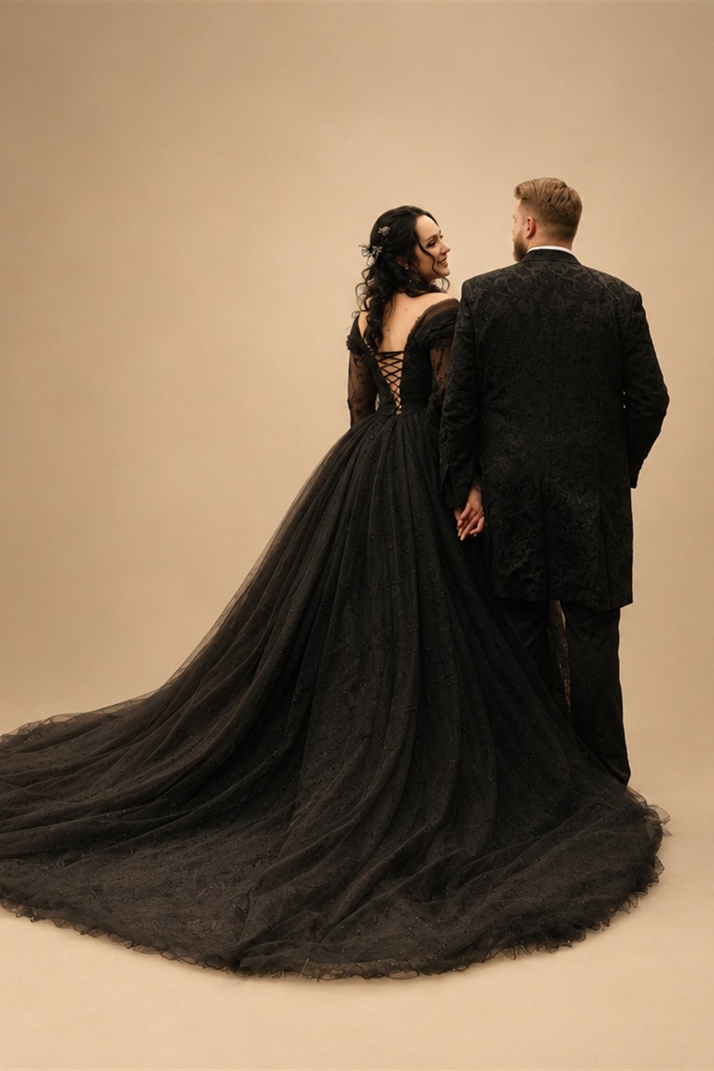Black Luxury Gothic Wedding Dress 3D Floral Corset Tulle Ball Gown With Train  ZP201