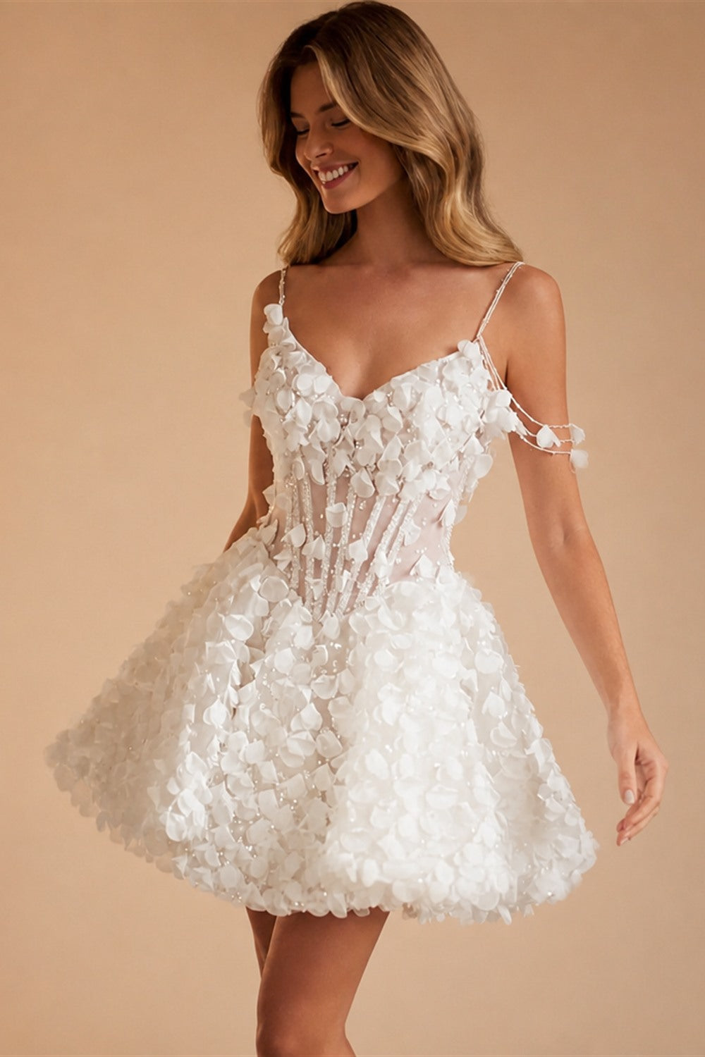 3D Petal Sheer Crystal Corset Mini Wedding Dresses ZP018