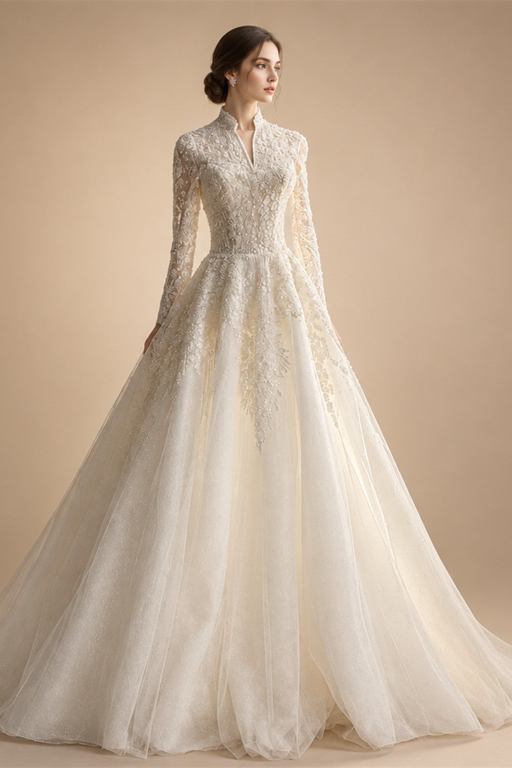 Luxury Sequin Pearl Long Sleeve Ball Gown Wedding Dress ZP186