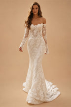 Romantic Ivory Off-the-Shoulder Lace Mermaid Wedding Dress with Tulle Overlay ZP132