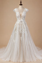 Elegant Ivory V-Neck Cap Sleeve A-Line Lace Tulle Wedding Dress ZP055