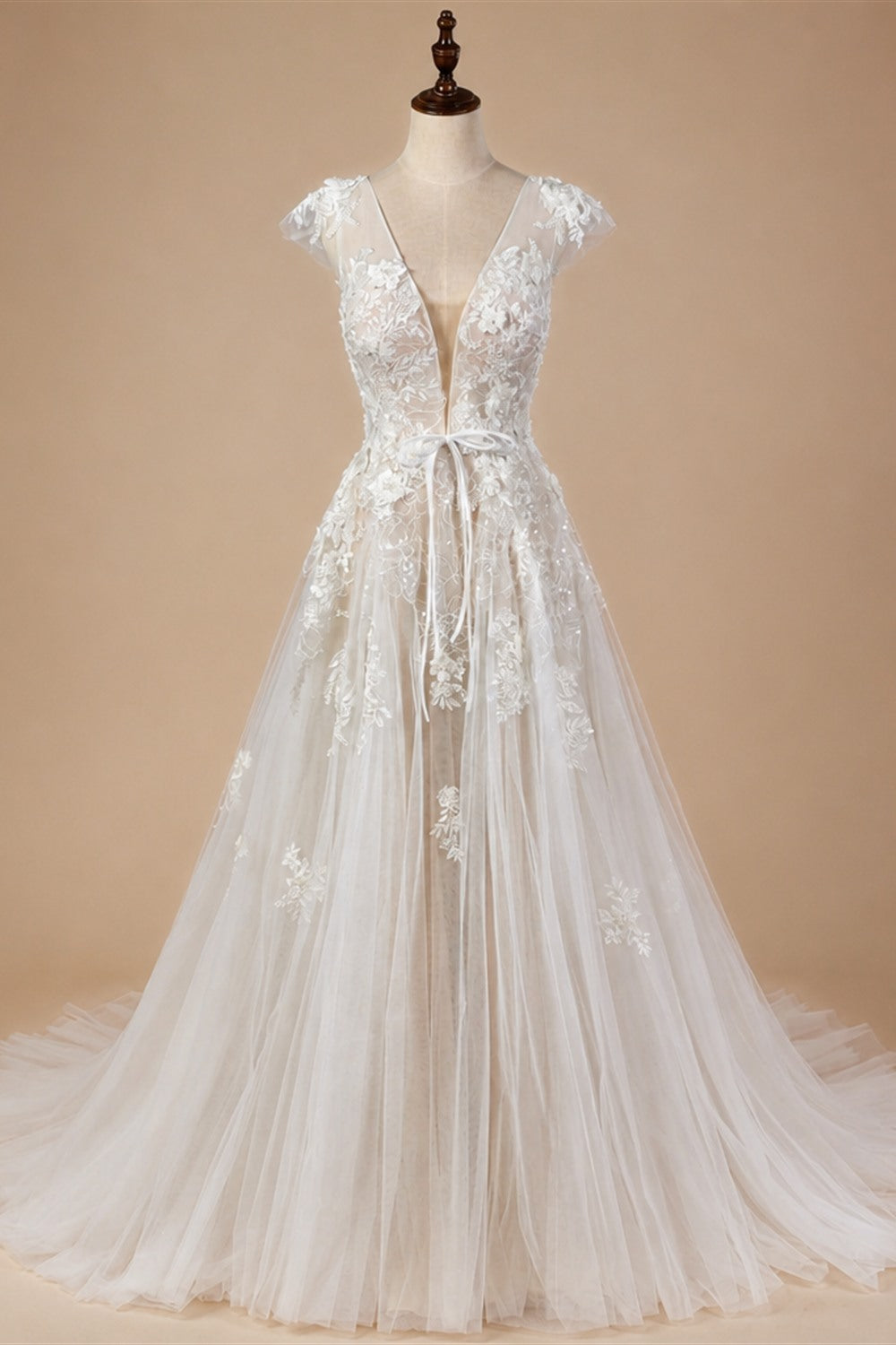 Elegant Ivory V-Neck Cap Sleeve A-Line Lace Tulle Wedding Dress ZP055