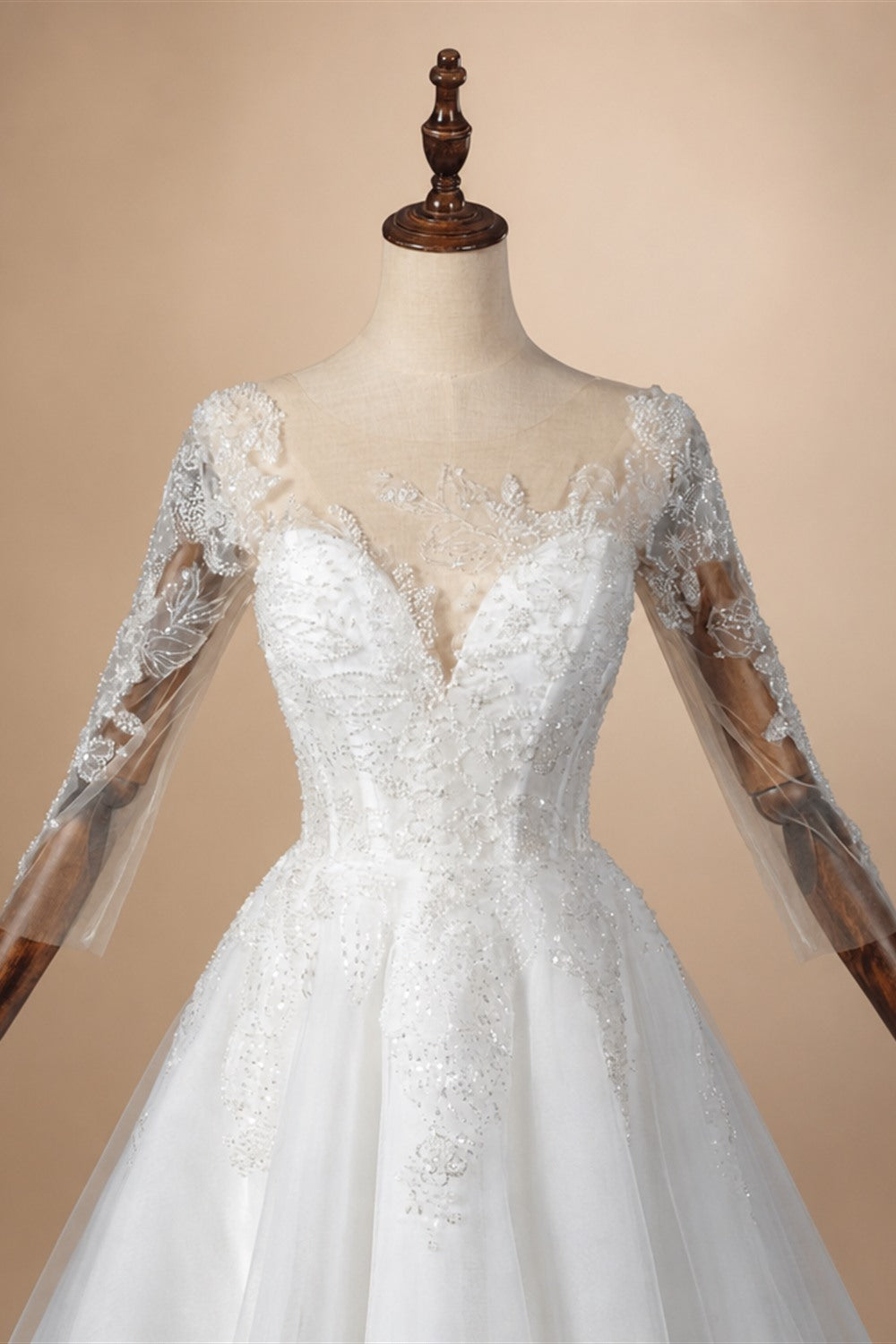 Glamorous White Illusion Neck Lace & Tulle Wedding Dress with Cathedral Train ZP063
