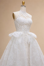 Luxury White A-Line Wedding Dress with Lace Embroidery and Overskirt ZP167