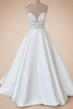 Simple White Satin A Line Wedding Dress Sleeveless Sweetheart Gown