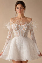 Elegant White Off-Shoulder Feather Lace Corset Mini Wedding Dress ZP061