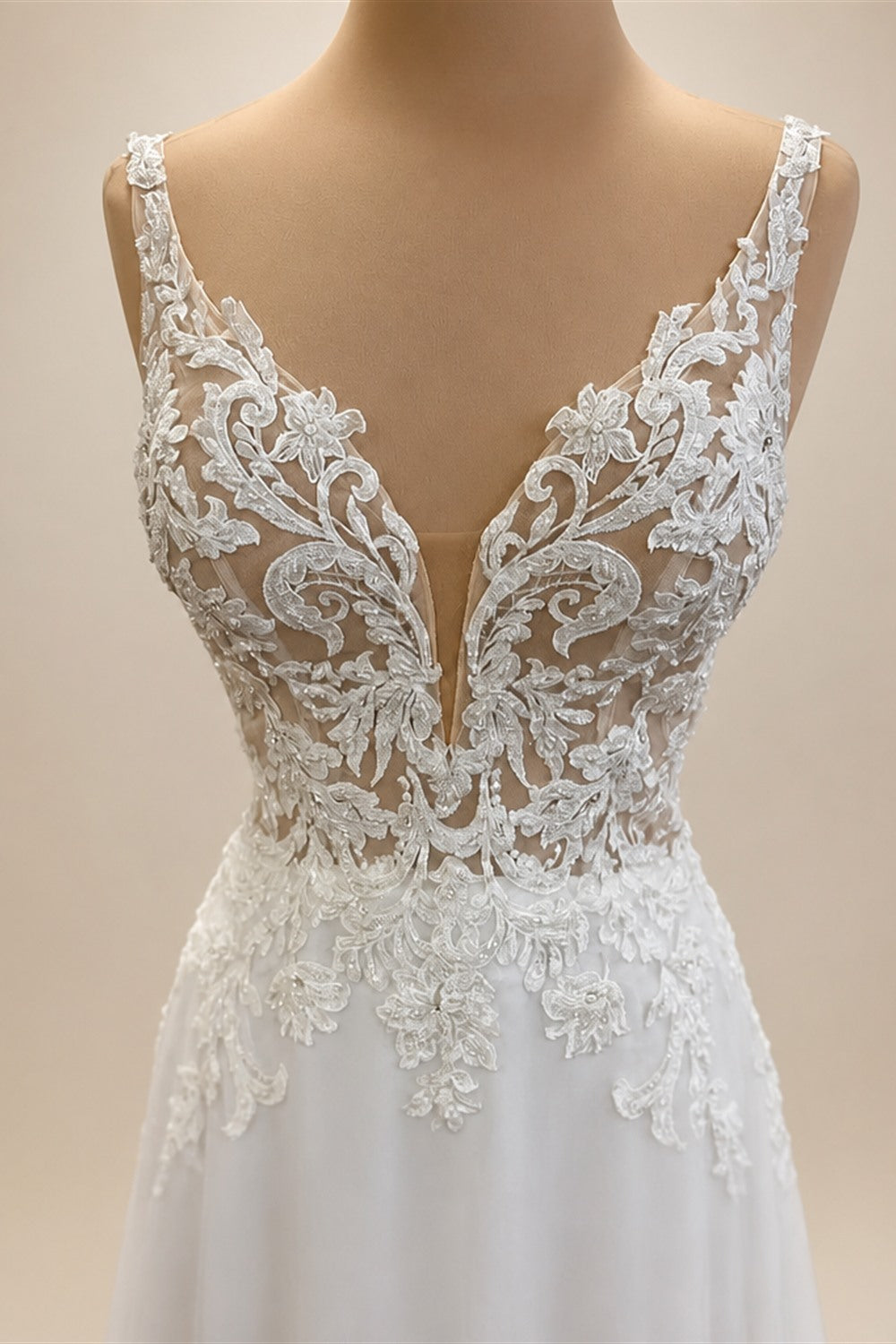 Custom Boho Chiffon Wedding Dress Long Open Back V Neck Lace Appliques Gown