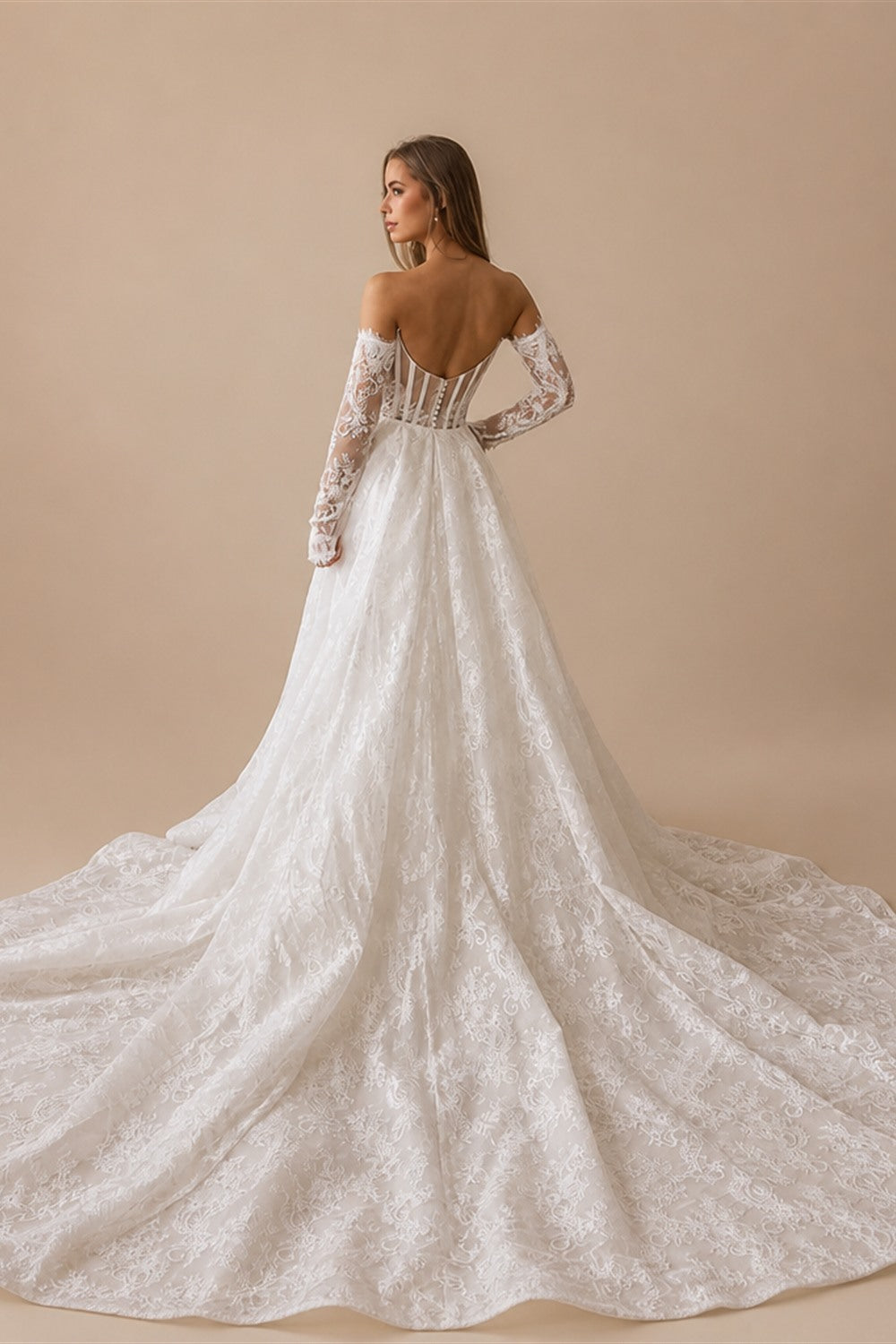 Alonlivn Customize Made Beauty Lace Fitted Beaded 2 In 1 Mermaid Wedding Gowns Trumpet Removable Train Bridal Gowns