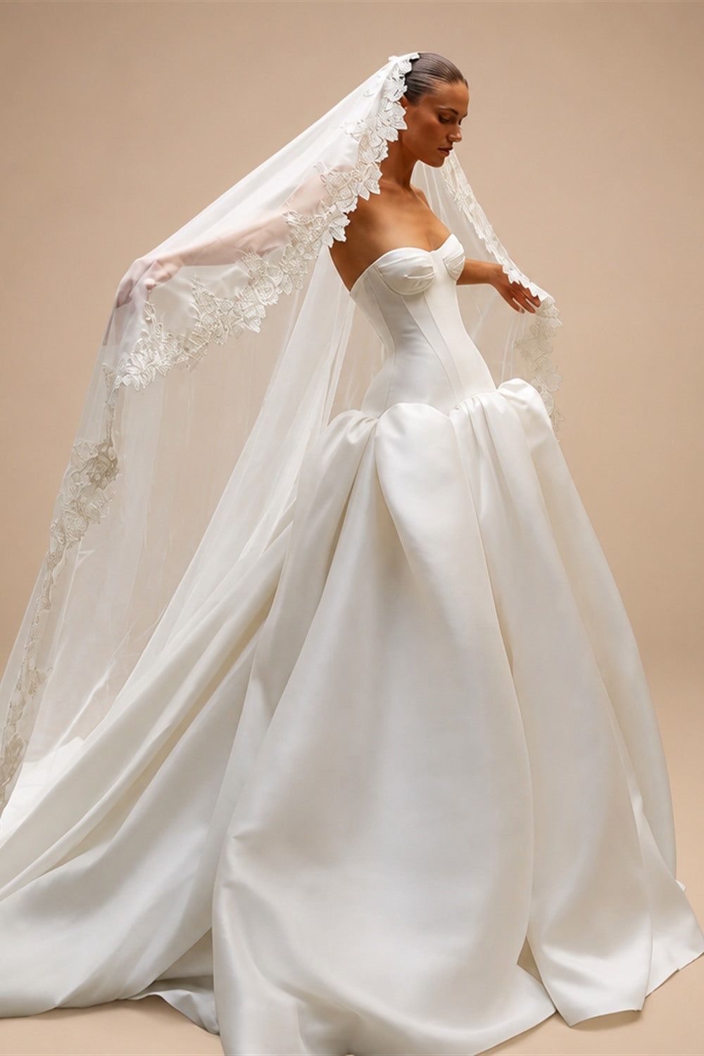 Classic White Satin Strapless Ball Gown Wedding Dress with Veil ZP114