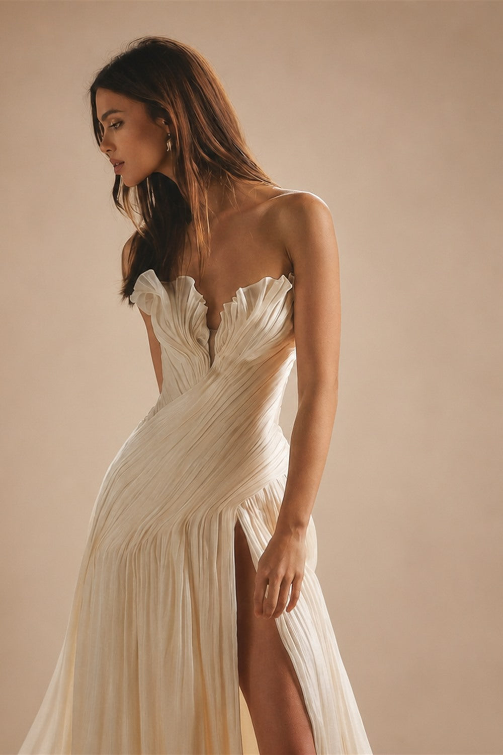 Strapless Ruched Wedding Dresses with High Leg Slit ZP023