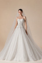 Elegant White Strapless Bodice Crystal Ball Gown Wedding Dress with Veil ZP080